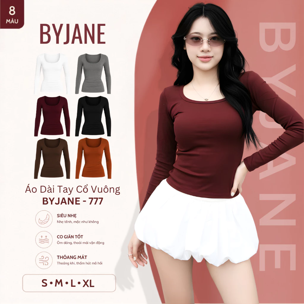 [MÀU MỚI] Áo Thun Nữ Dài Tay Cổ Vuông Ôm Body Chất Cotton Co Giãn 4 Chiều Mềm Mịn Tôn Dáng Basic Sang Trọng BYJANE – 777