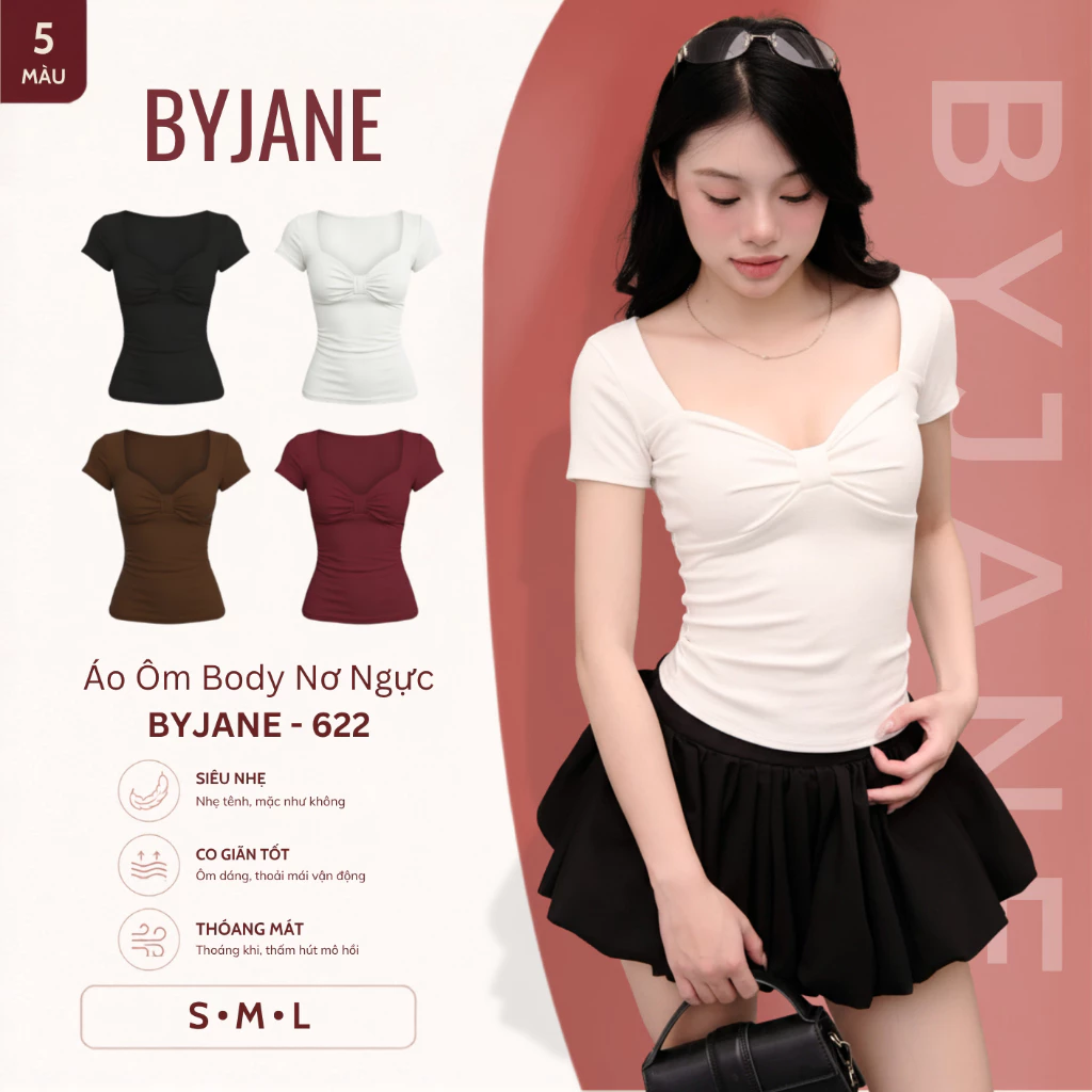 Áo Thun Nữ Ôm Body Nơ Ngực Cổ Tim Tay Ngắn Co Giãn 4 Chiều Mềm Mịn Tôn Dáng Quyến Rũ Dễ Phối Đồ BYJANE - 622