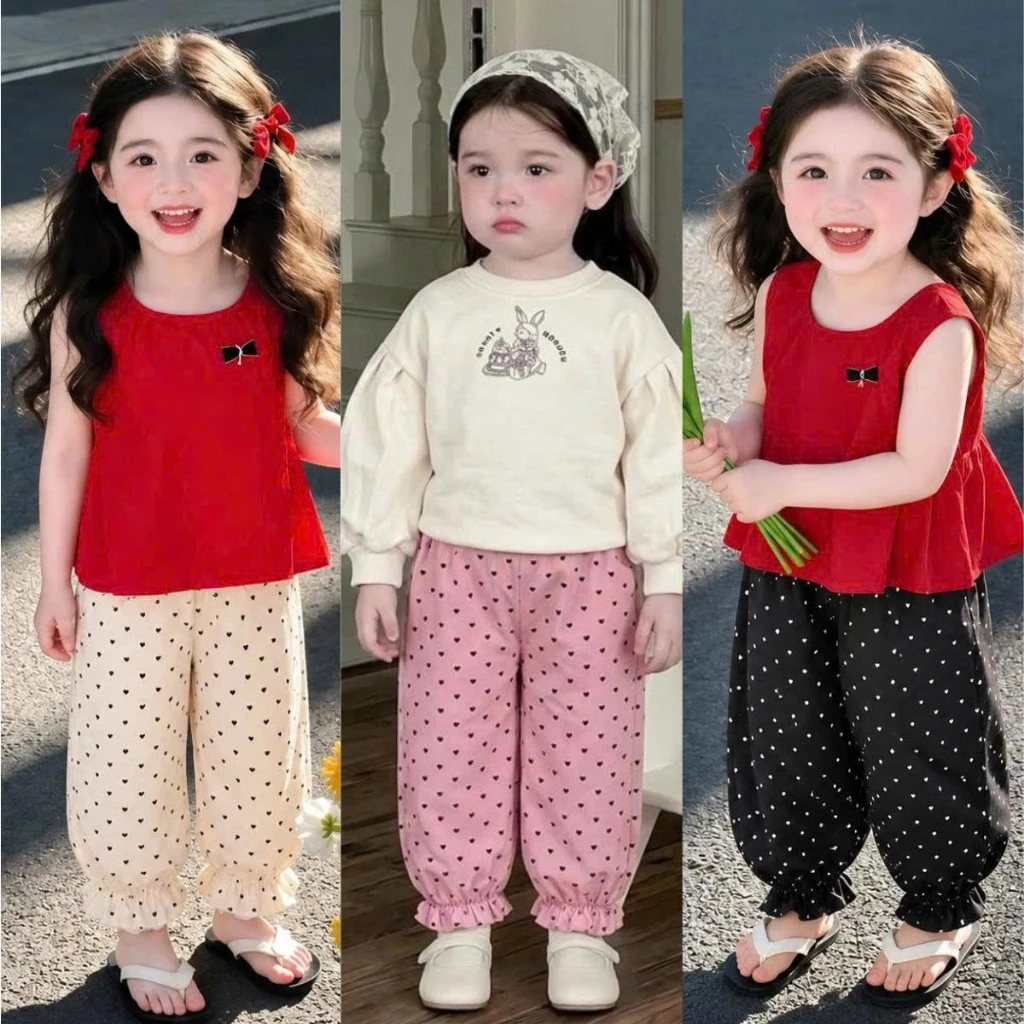 [8-18kg] Quần gió lụa dáng boom thụng bo gấu (in hoạ tiết trái tim) cho bé gái chất liệu gió, mềm, basic QUẦN GIÓ TIM