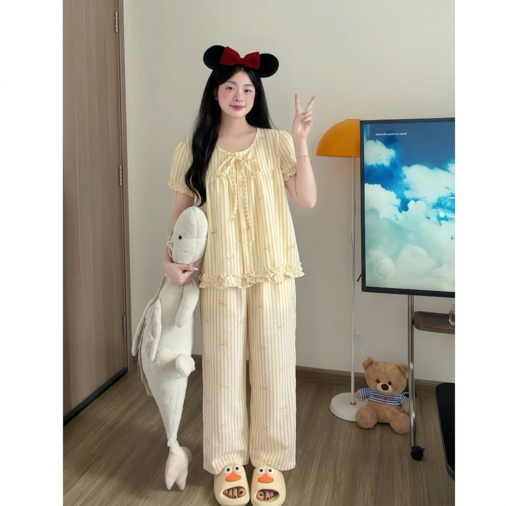 Kozoda Đồ Ngủ Cotton BN99 Họa Tiết Kẻ Sọc Hoạt Hình Dễ Thương Dáng Suông Ngắn Tay Thoải Mái Chất Liệu Mềm Mại Phù Hợp Mặ