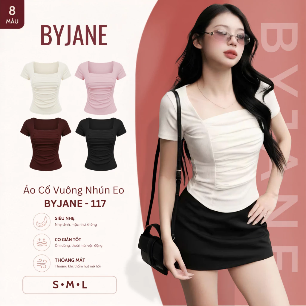 [MÀU MỚI] Áo Thun Nữ Ôm Body Cổ Vuông Nhún Ngực BYJANE Co Giãn 4 Chiều - 117
