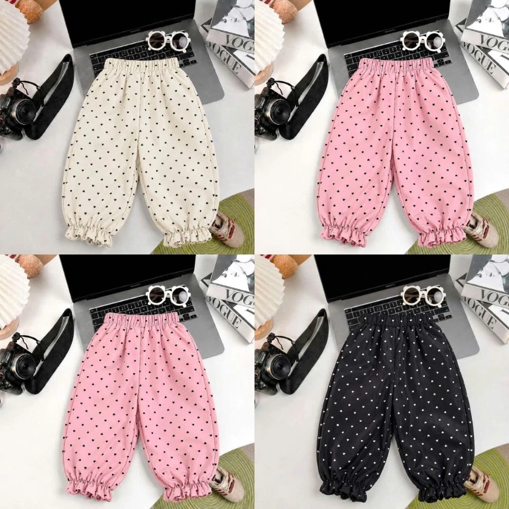 [8-18kg] Quần gió lụa dáng boom thụng bo gấu (in hoạ tiết trái tim) cho bé gái chất liệu gió, mềm, basic QUẦN GIÓ TIM