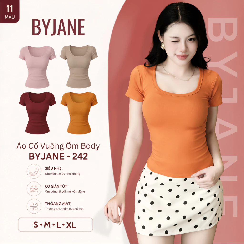 [MÀU MỚI] Áo Thun Nữ Cổ Vuông Ôm Body Tay Ngắn Cotton Co Giãn 4 Chiều Mềm Mịn Tôn Dáng Basic BYJANE – 242