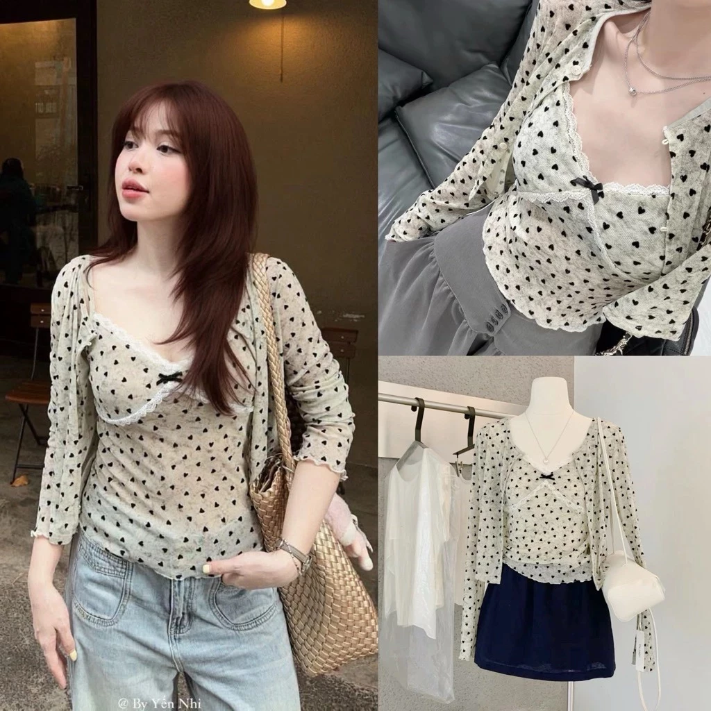 Set áo hai dây viền ren đính nơ kèm áo khoác cardigan hoạ tiết TRÁI TIM ĐEN - A134