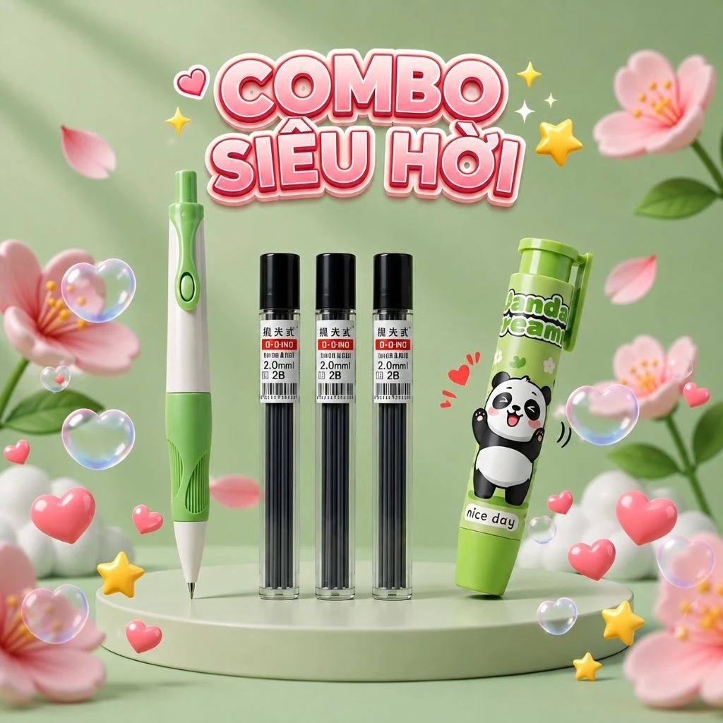 🌈Combo💝 Bút Chì Bấm Cá Heo Tập Viết Ngòi 2.0mm 2B + 30 Ngòi Dài + Tẩy Bấm Moka Dễ Thương - Dụng Cụ Học Tập Cho Bé🐬🏝