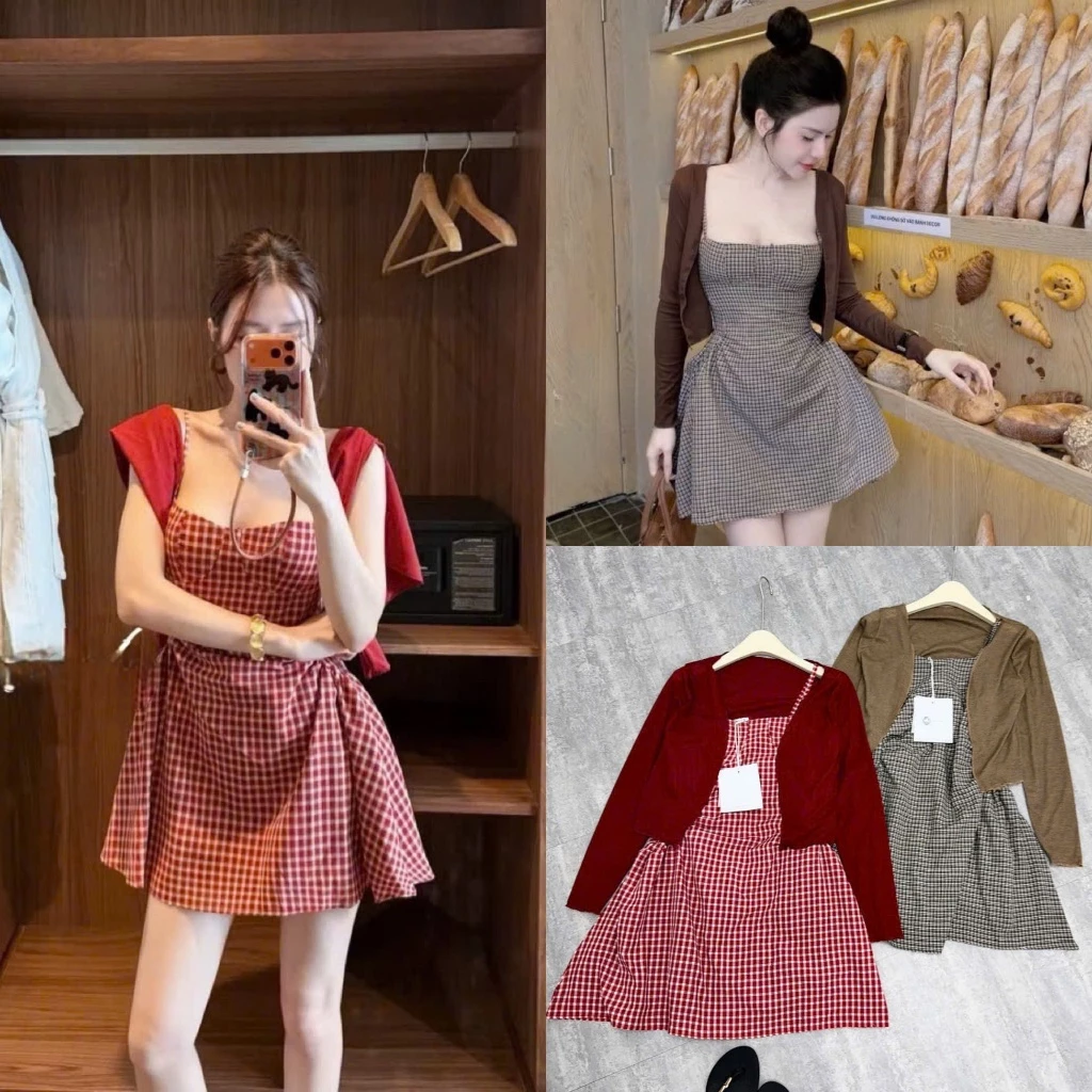 (Hàng Mới):Set Váy Kẻ 2 Dây Chiết Eo Kèm Áo Cardigan Hotrend Đứng From 2 Màu Cực Xinh-Ảnh Thật Lollaye