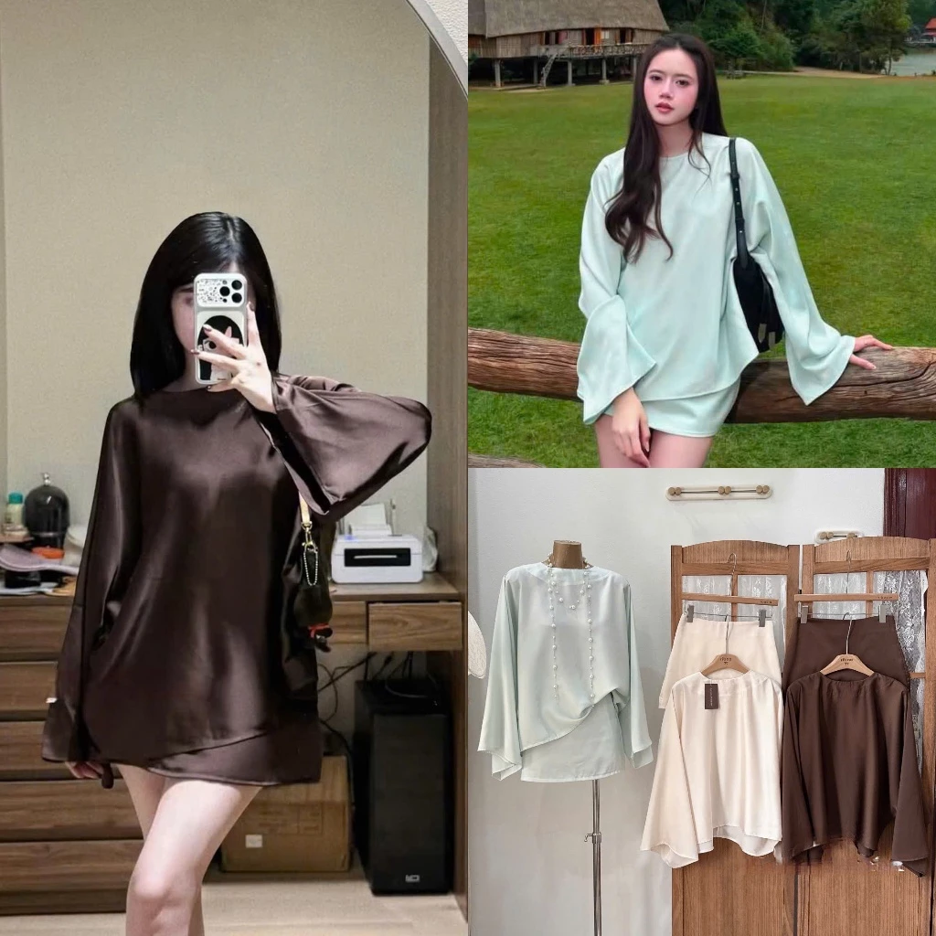 (Hàng Mới): Set 2 Món Lụa Áo Tay Loe Mix Kèm Chân Váy A Dáng Ngắn 3 Màu Basic Siêu Sang-Ảnh Thật Lollaye
