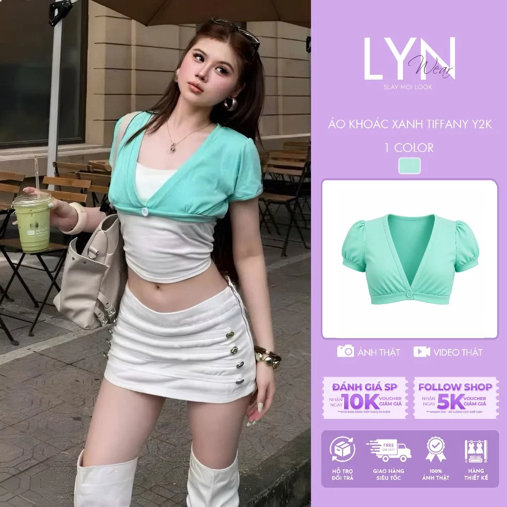 | LYN WEAR | (HOẢ TỐC) Áo Khoác Croptop Nữ Xanh Tiffany Tay Phồng Phối Cúc Y2K Co Giãn Tôn Dáng