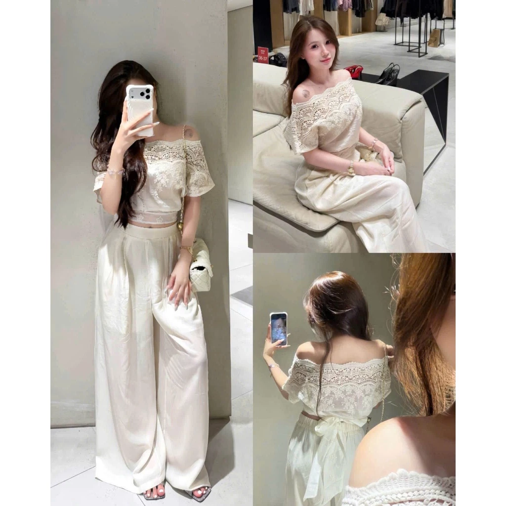 (Set Linen 2 Món): Áo Ngang Vai Ren Tay Lỡ Buộc Nơ Sau Eo Mix Quần Suông Cạp Thẳng-Ảnh Thật Lollaye