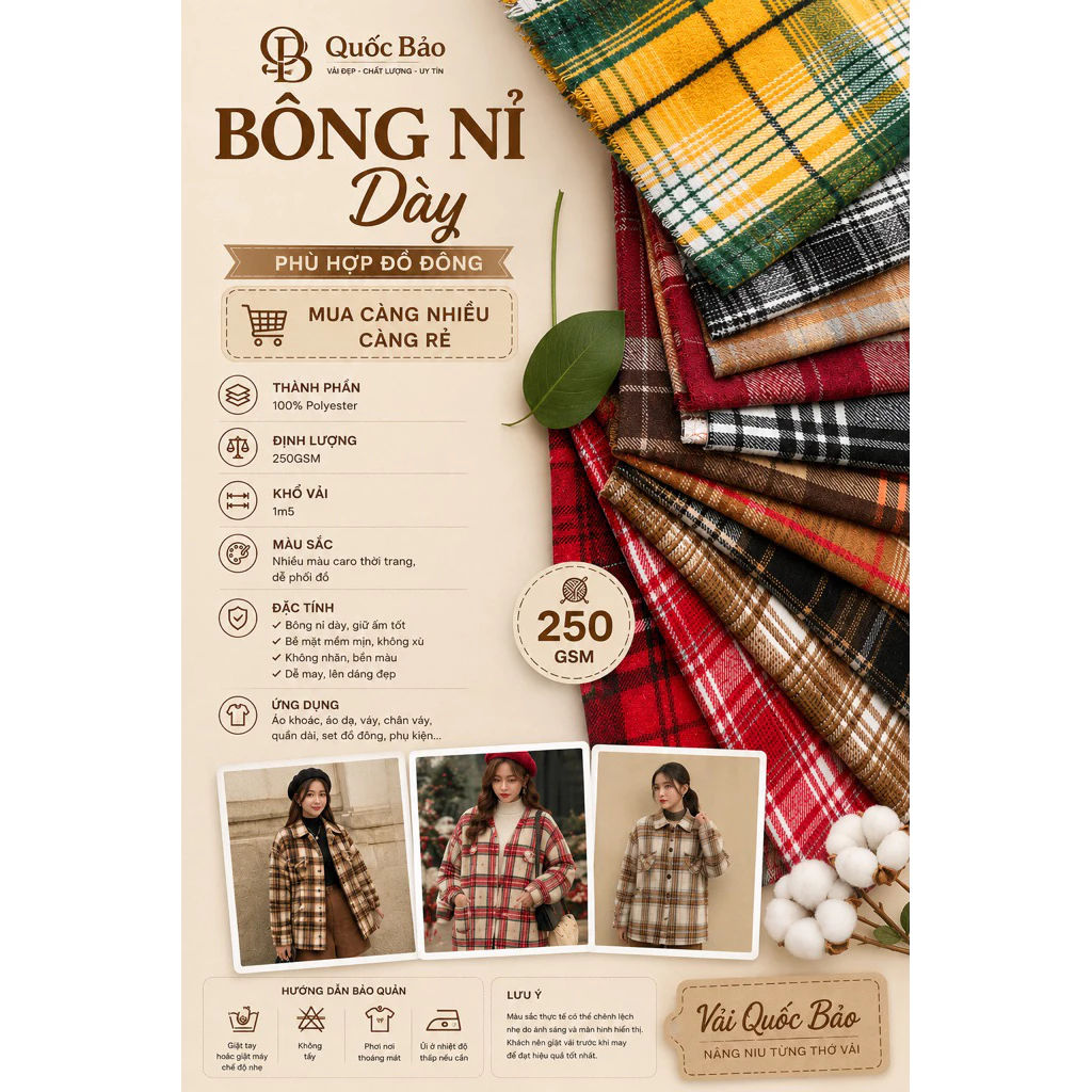 [ Vải QUỐC BẢO ] Vải Caro Nỉ Bông Dày 250GSM Khổ 1m5 May Áo Khoác - Váy - Đồ Đông
