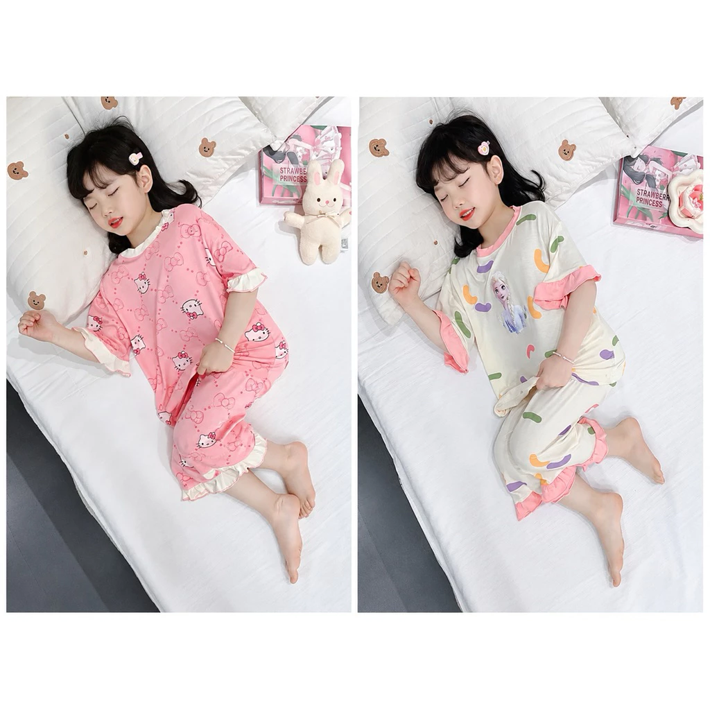 Bộ đồ ngủ bé gái thun lạnh mềm mát tay lỡ quần lửng hoạt hình Hello Kitty Elsa mặc hè thoáng mát dễ thương 2 màu cho bé