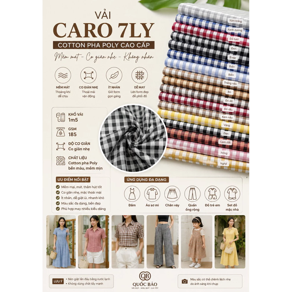 [Vải QUỐC BẢO] Vải Caro 7ly cotton pha, khổ 1m5 Co Giãn Nhẹ 185GSM May Đầm,áo,quần,chân váy,tạp dề,trải bàn,đồ handmade