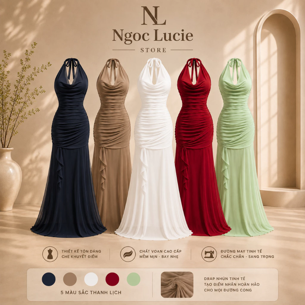 D1104 - Đầm Cổ Đổ Nhún Thân Chân Váy Đuôi Cá Lưới Xòe Dạ Hội Sang Trọng Ngọc Lucie