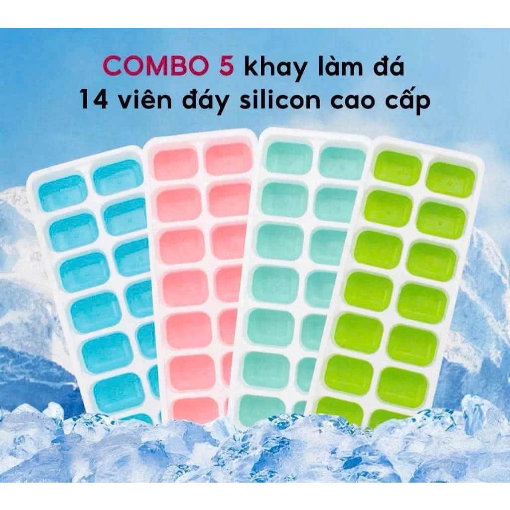 COMBO 5 Khay làm đá silicon 14 viên làm đá viên và thạch hoa quả có nắp đậy bảo quản tốt