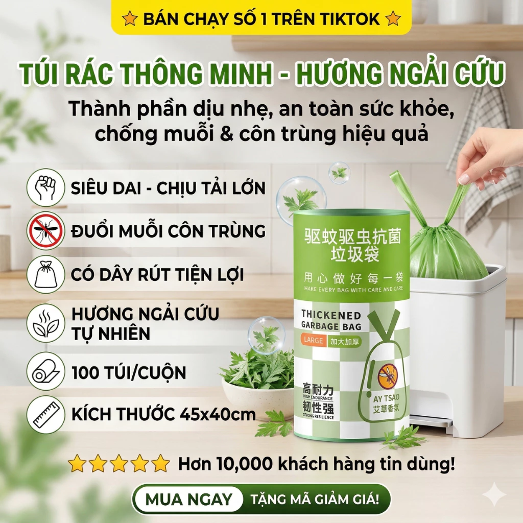 Túi Đựng Rác Hương Ngải Cứu Xua Đuổi Ruồi Muỗi, Siêu Dai, Có Dây Rút Họa tiết: màu xanh lá
