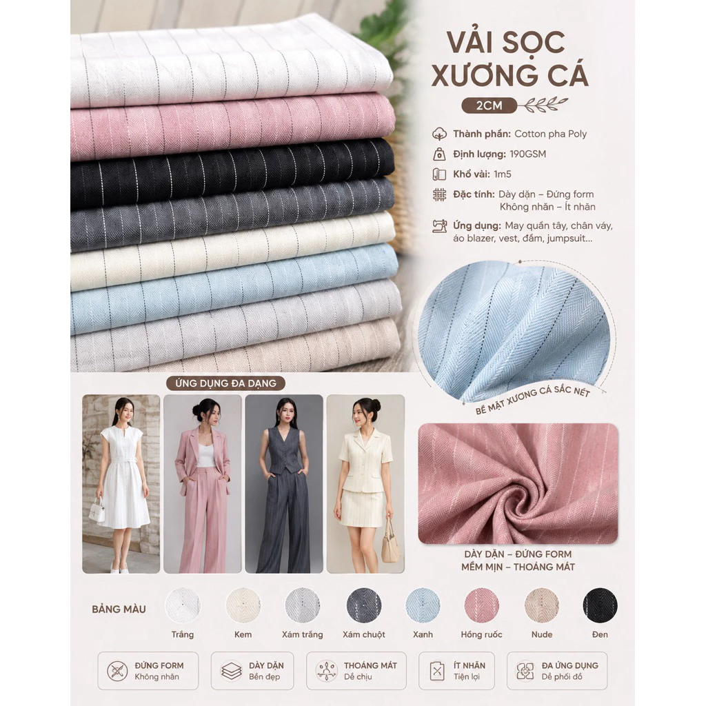 [Vải QUỐC BẢO] Vải sọc xương cá, chất dày dặn đứng form,may đồ công sở, quần tây,vest,đầm