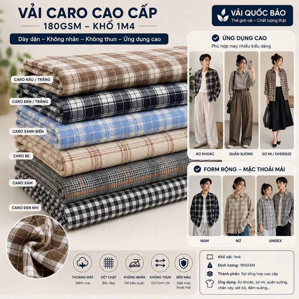 [Vải QUỐC BẢO ] Vải họa tiết caro hot trend ,thích hợp may áo khoác, váy chống nắng ,quần suông,ống rộng,khổ 1m4,ko nhăn