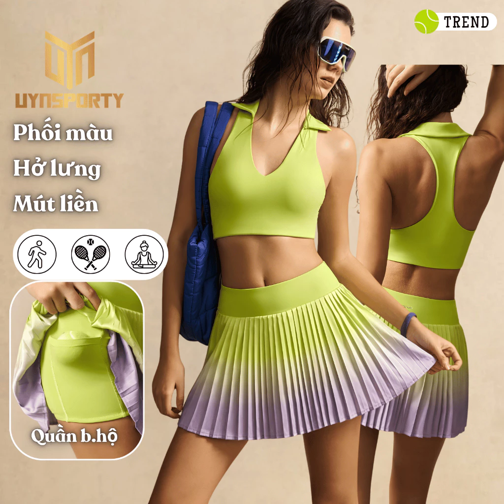 Đồ Tập Pickleball Nữ UYNSPORTY Cổ Chữ V, Mút Liền Phối Viền Tương Phản, Bộ Đồ Pickleball Nữ