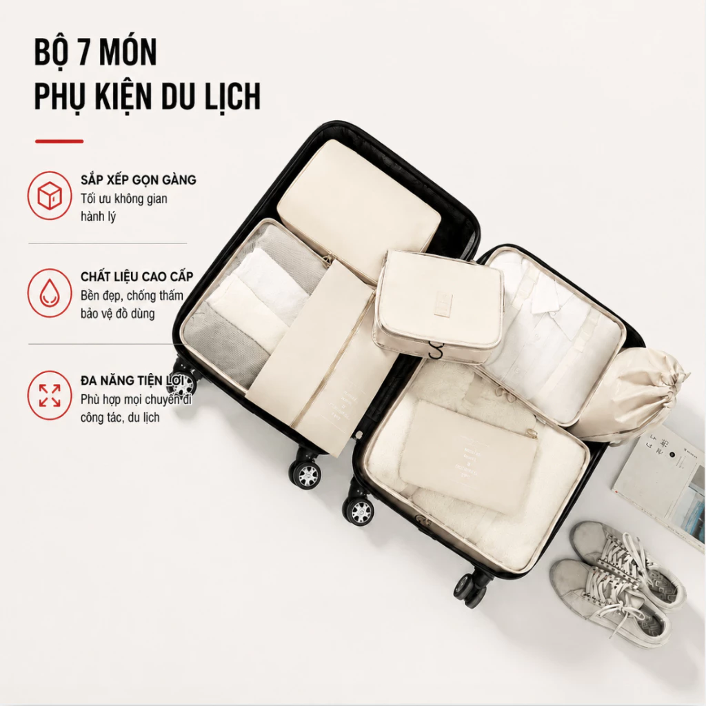 Bộ Túi Đựng Quần Áo Du Lịch  Chống Nước 7 Món Túi Sắp Xếp Hành Lý Vali, Đồ Lót, Mỹ Phẩm Đi Công Tác