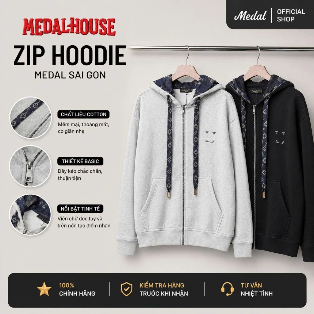Áo Khoác Hoodie Zip Medal.SaiGon Phối Dây Họa Tiết Đep, Họa Tiết Ở Mũ, Và Đính Đá Chữ Form Rộng Unisex, Chất Nỉ Da Cá