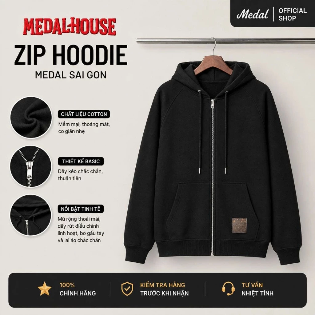 Áo Khoác Hoodie Unisex Medal Saigon – Áo Khoác Nỉ Có Mũ Khóa Kéo Form Rộng Thời Trang