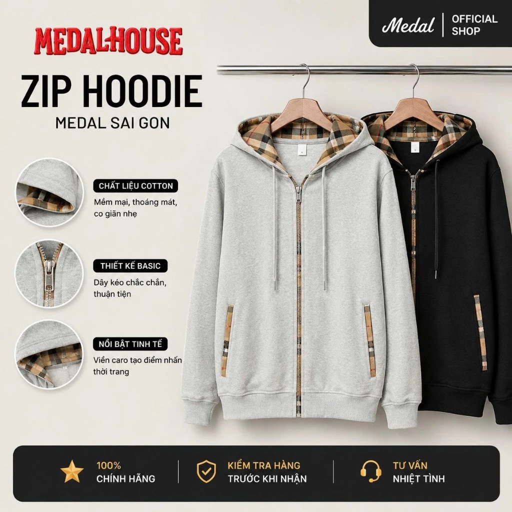 Áo Khoác Hoodie Zip Medal.Saigon Phối Caro Unisex Nam Nữ Form Rộng, Áo Khoác Nỉ Có Mũ Dây Kéo Phong Cách Streetwear