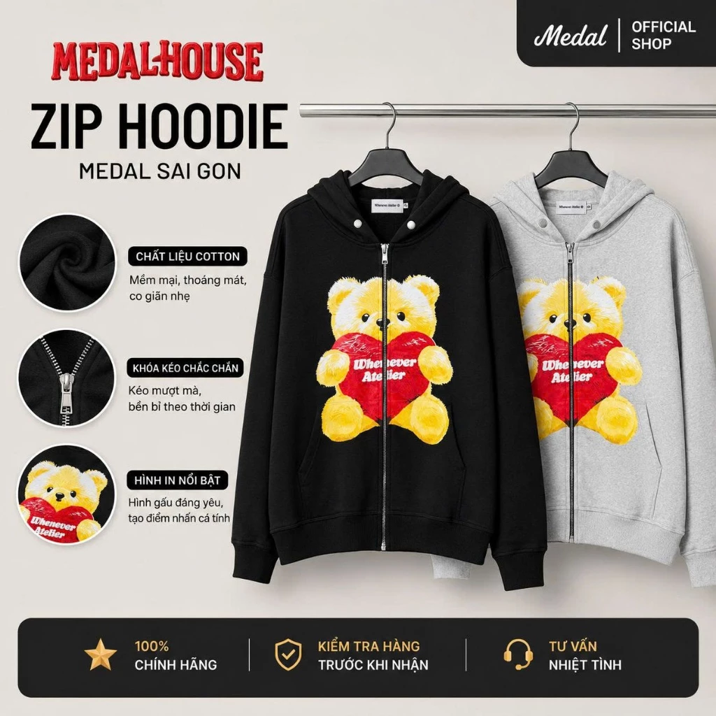 Áo Khoác Hoodie Zip Whenever In Hình Gấu Tim Unisex Nam Nữ Form Rộng, Áo Khoác Nỉ Có Mũ Phong Cách Steetwear, Chất Nỉ Hà