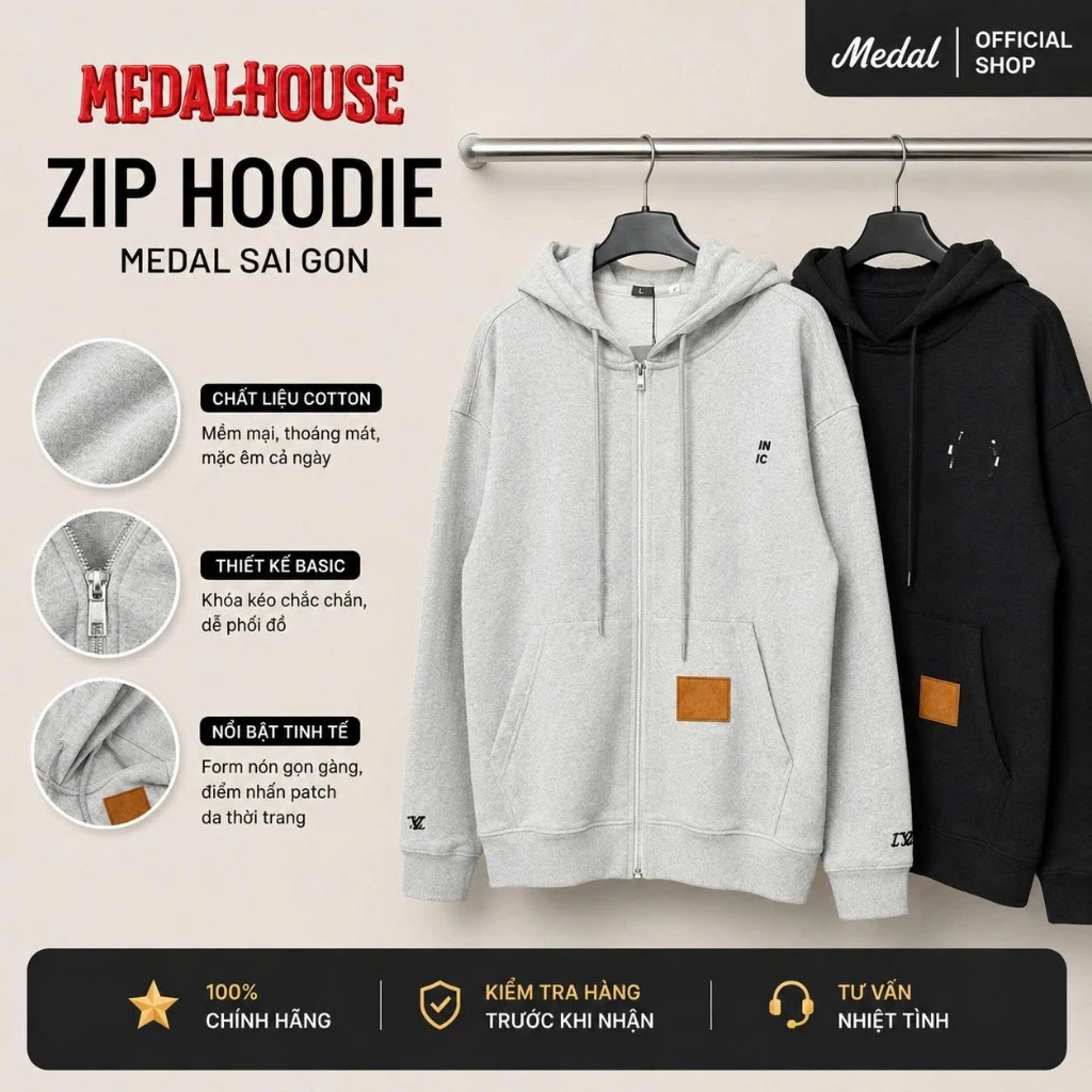 Áo Khoác Hoodie Zip Medal.SaiGon Basic Thêu Chữ Ngực và Tag áo, Thêu chữ ở tay – Form Rộng Unisex, chất nỉ da cá dày dăn