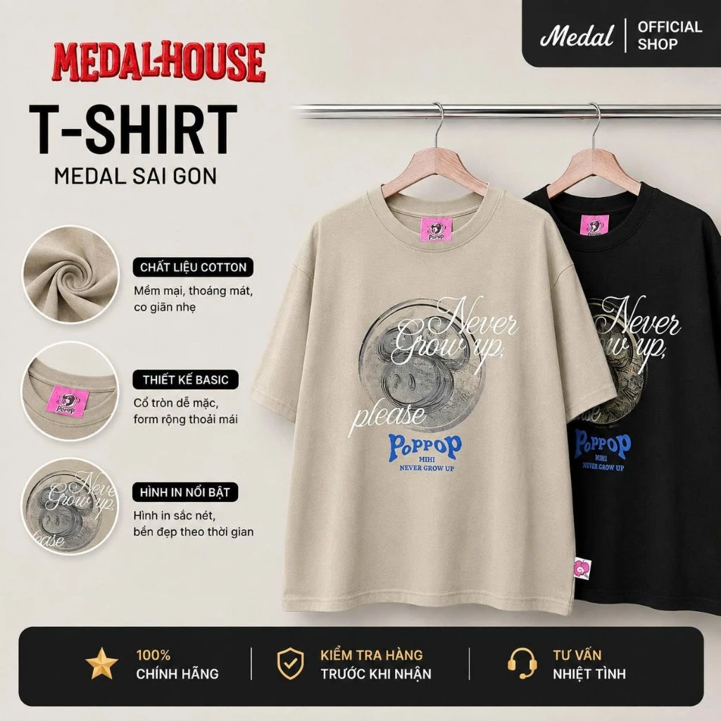 Set Bộ Áo Thun + Quần Short Medal.SaiGon Popop Never Grow Up – Form Rộng Unisex, Chất cotton dày dặn 100%