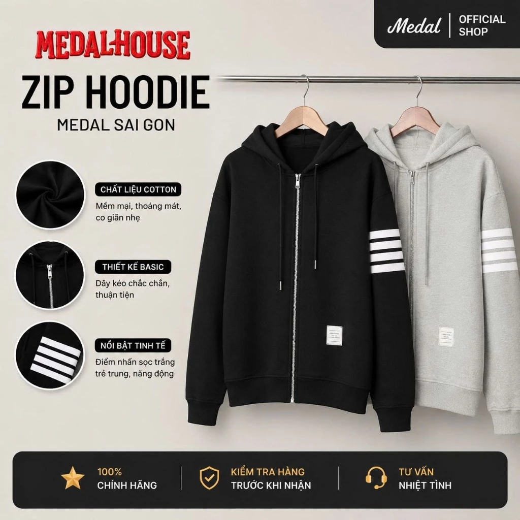 [Loại 1] Áo Khoác Hoodie Zip Thom Kẻ Sọc In Dập, Áo Hoodie Nỉ Dày Dặn Unisex Nam Nữ