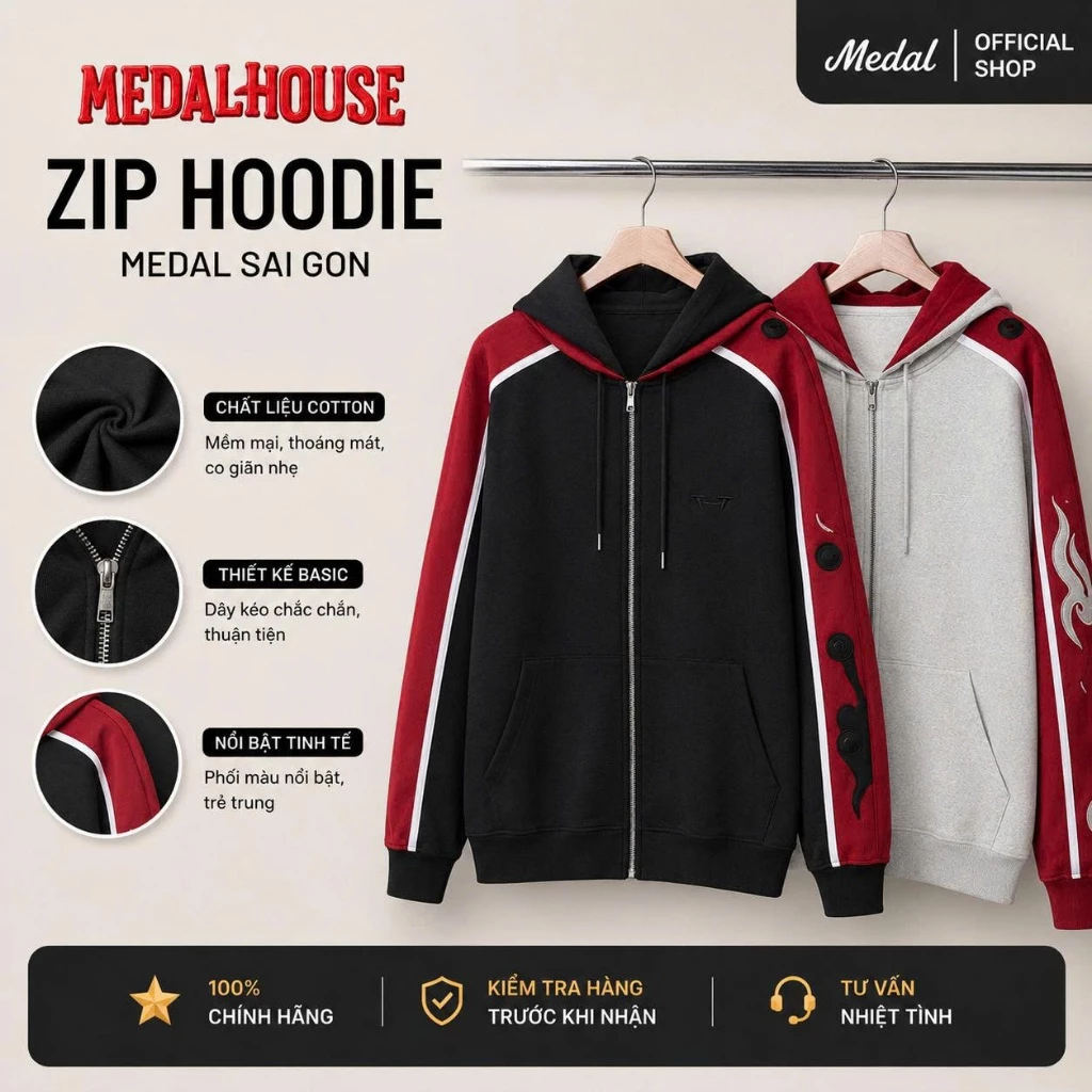 Áo Khoác Hoodie Zip Medal.SaiGon Phối Viền Màu Đỏ Đen, Thêu chữ ở tay và ngực, mũ đỏ – Form Rộng Cá Tính, Chất 100% nỉ