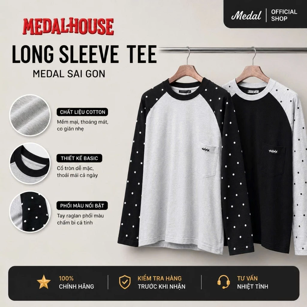 Áo Thun Tay Dài Raglan Chấm Bi Medal.SaiGon – Form Rộng Unisex, Hoạt tiết hello kitty chấm bi