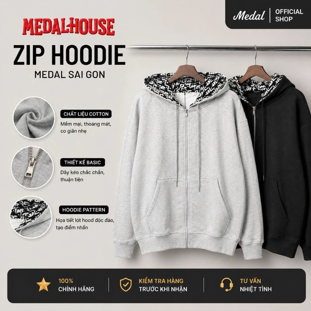 Áo Khoác Hoodie Nam Khóa Kéo Medal.Saigon – Nỉ Cotton Co Giãn Cao Cấp