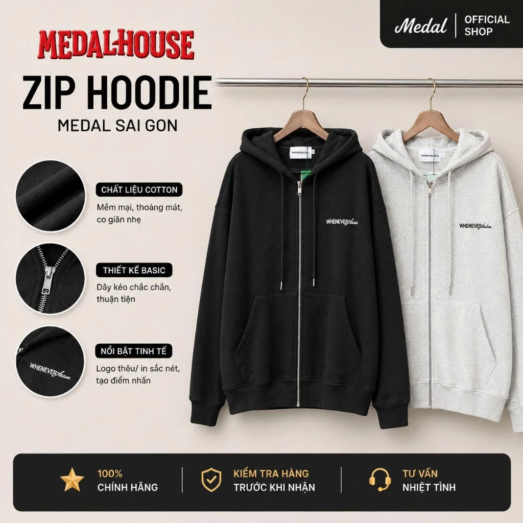 Hoodie Zip Chân Cua When Nam Nữ Thêu Chữ Basic