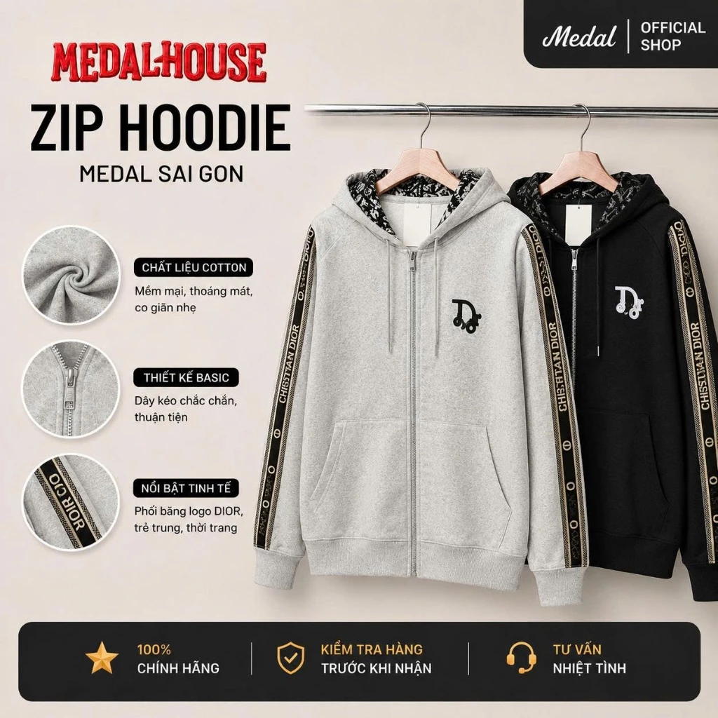 Áo Khoác Hoodie Zip Medal.SaiGon Chữ ở Mũ và tay áo D – Form Rộng Phối Sọc Tay Thời Trang