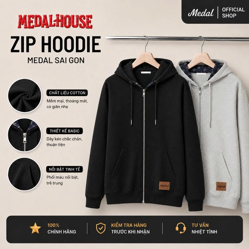 Áo Khoác Hoodie Zip Phối Nón Monogram Cao Cấp Form Rộng Unisex, Chất Nỉ Da Cá Dày Dặn 100%, Phong Cách Hàn Quốc