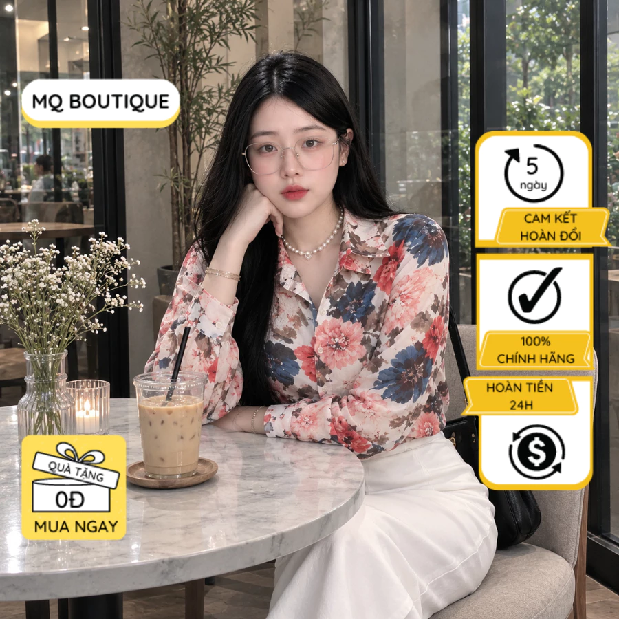Áo Sơ Mi Tơ Hoa Tay Dài Cao Cấp Thiết kế MQ Boutique Công Sở Họa Tiết Hoa Bốn Mùa Dáng Cơ Bản Chất Mềm Không Nhăn