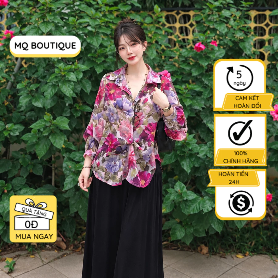 Áo Sơ Mi Tơ Hoa Hồng fuchsia Vintage Nữ Tính Thiết Kế MQ Boutique Hot Trend Thanh Lịch Trẻ Trung Mềm Không Nhăn