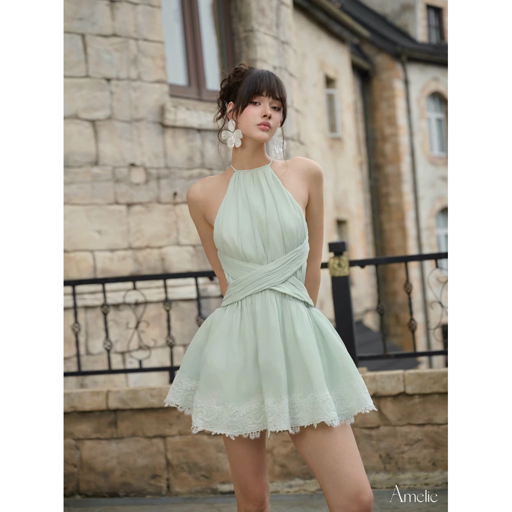 AMELIE -  Vay cổ yếm hở lưng phối ren - Anasta dress Ame680