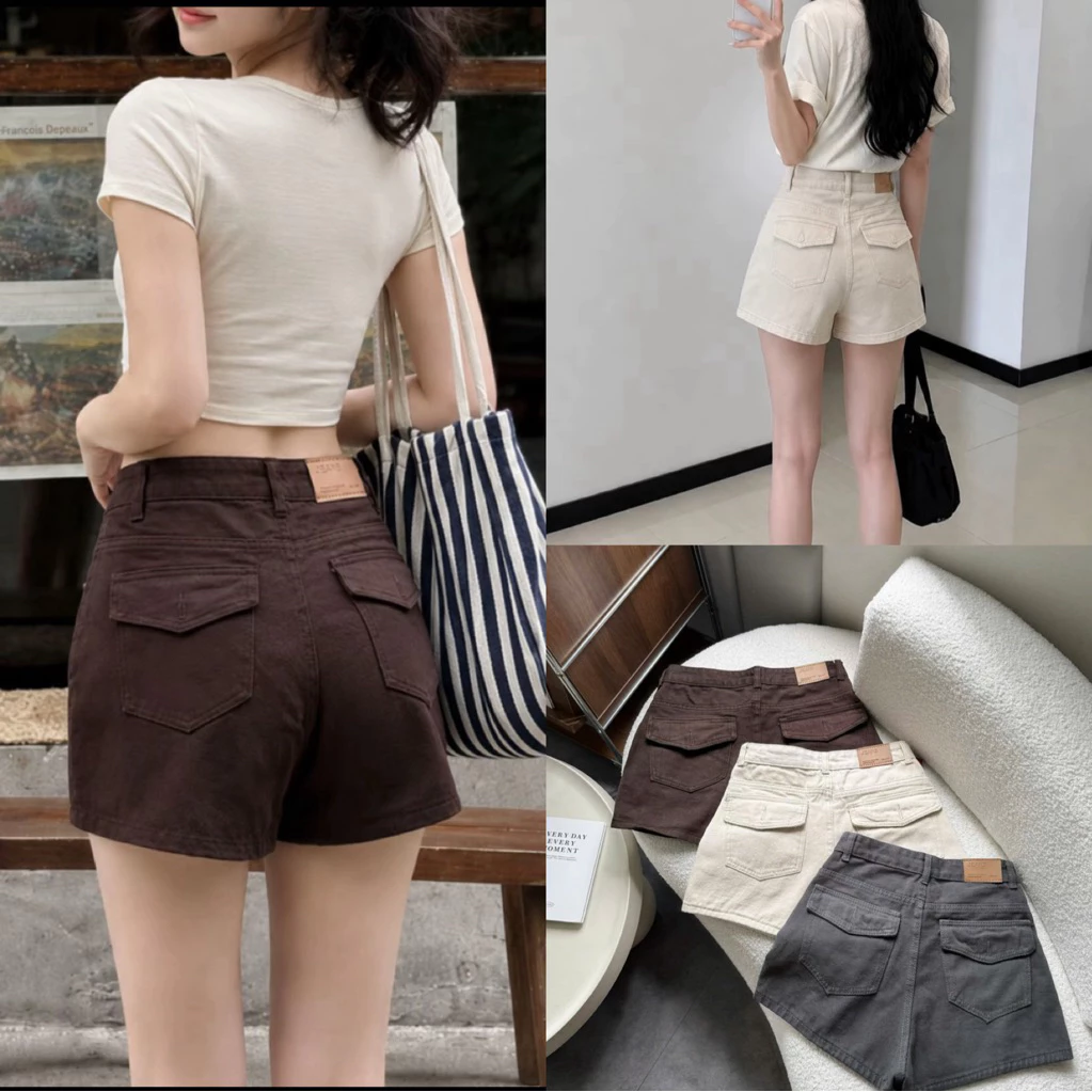 Quần short jean đùi nữ túi nắp lưng cao tôn dáng, quần đùi jean nữ