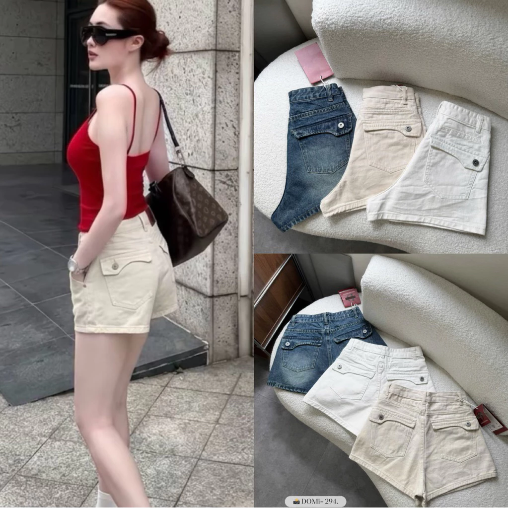 Quần short jean nữ túi kiểu lưng cao, quần đùi jean nữ