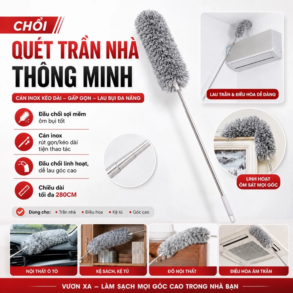 Chổi Quét Trần Gấp Gọn, Lau Bụi, Quét Trần Nhà Thông Minh Rút Gọn Tiện Lợi Dài Tối Đa 280cm