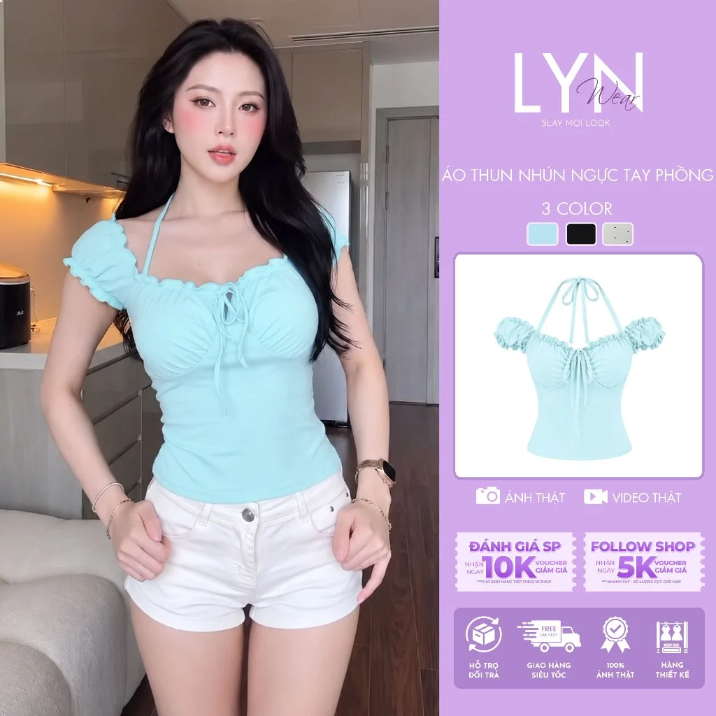 | LYN WEAR | ( MẶC ĐƯỢC 2 KIỂU) Áo Thun Nữ Nhún Ngực Tay Phồng Phối Dây Yếm Xanh Tiffany Co Giãn Ôm Dáng