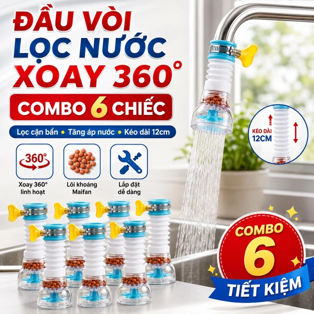 Vòi Tăng Áp Lọc Nước 360 Độ Có Thể Kéo Dài Chống Bắn Nước