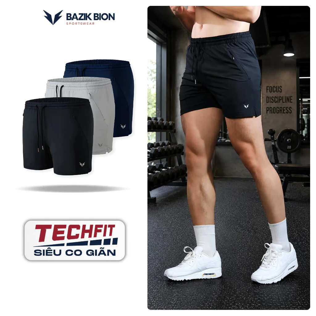 Quần Short Gym Squat BAZIK 5 inch Techfit Siêu Co Giãn, Thoải mái Vận động, Tập Luyện, Chạy bộ, Tập Gym - Q08