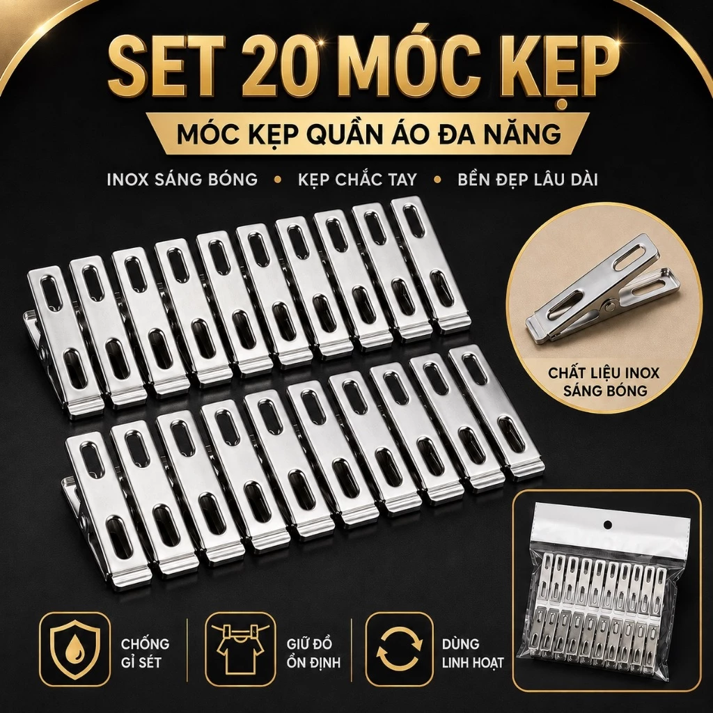 Set 20 Móc Kẹp Quần Áo Móc Kẹp Đồ Đa Năng Chất Liệu Inox Không Gỉ Móc Kẹp Quần Áo Phơi Quần Áo Tiện Lợi Đầu Kẹp Chắc