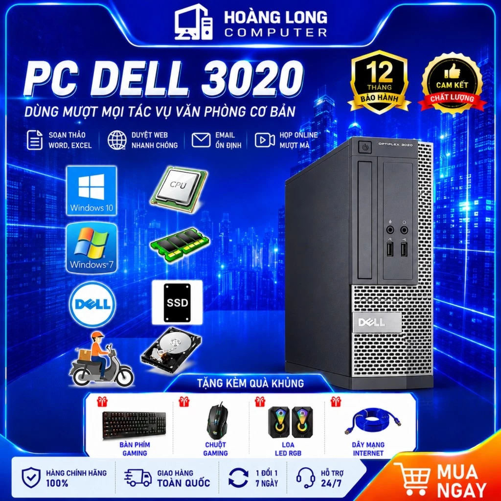 Máy Tính Bộ DELL Optilex 3020 SFF DELL 7050 Core i7 7700T i5 7500T i3 Ram 8G, SSD 256G  - Tặng kèm USB WIFI