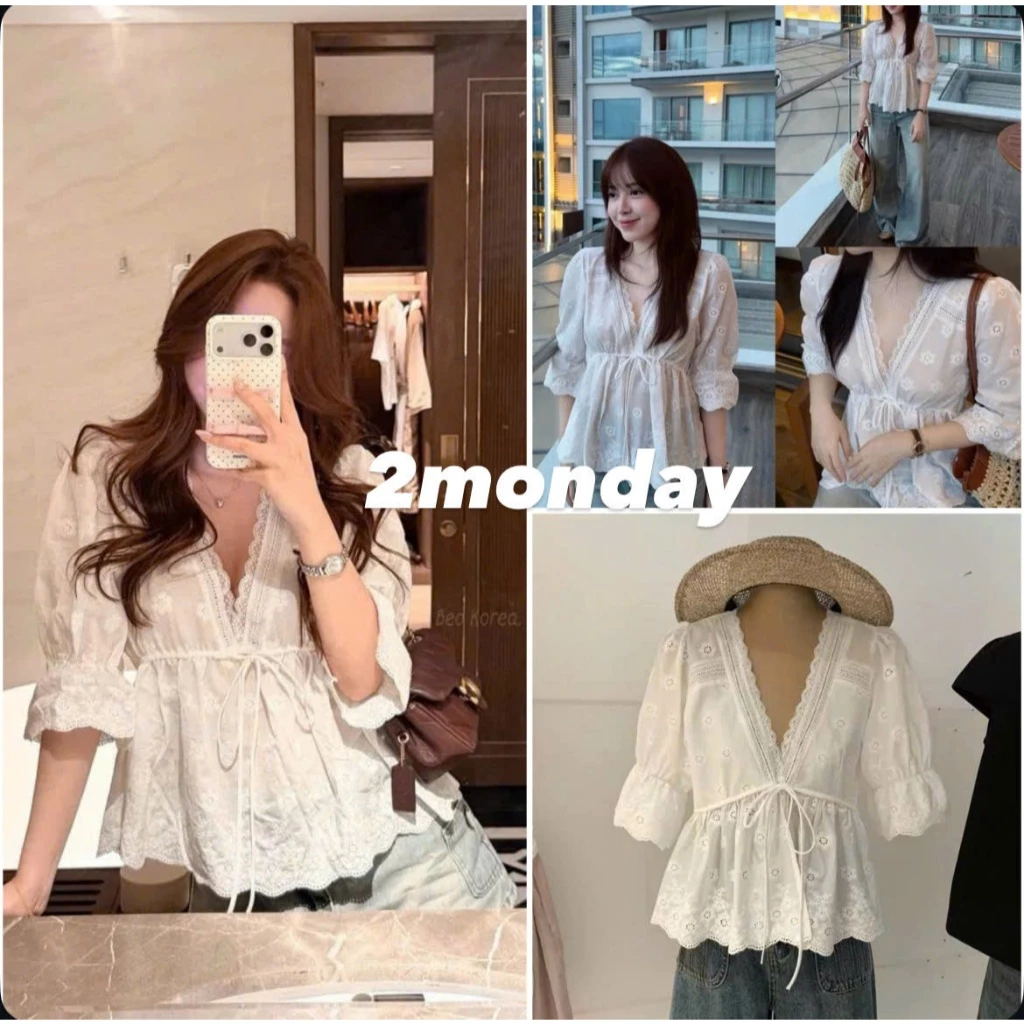 [HÀNG LOẠI 1/ SẴN] ÁO SƠ MI NỮ REN CỔ V VIỀN REN THẮT NƠ TAY LỬNG MẶC ĐI HỌC ĐI LÀM 2MONDAY A230