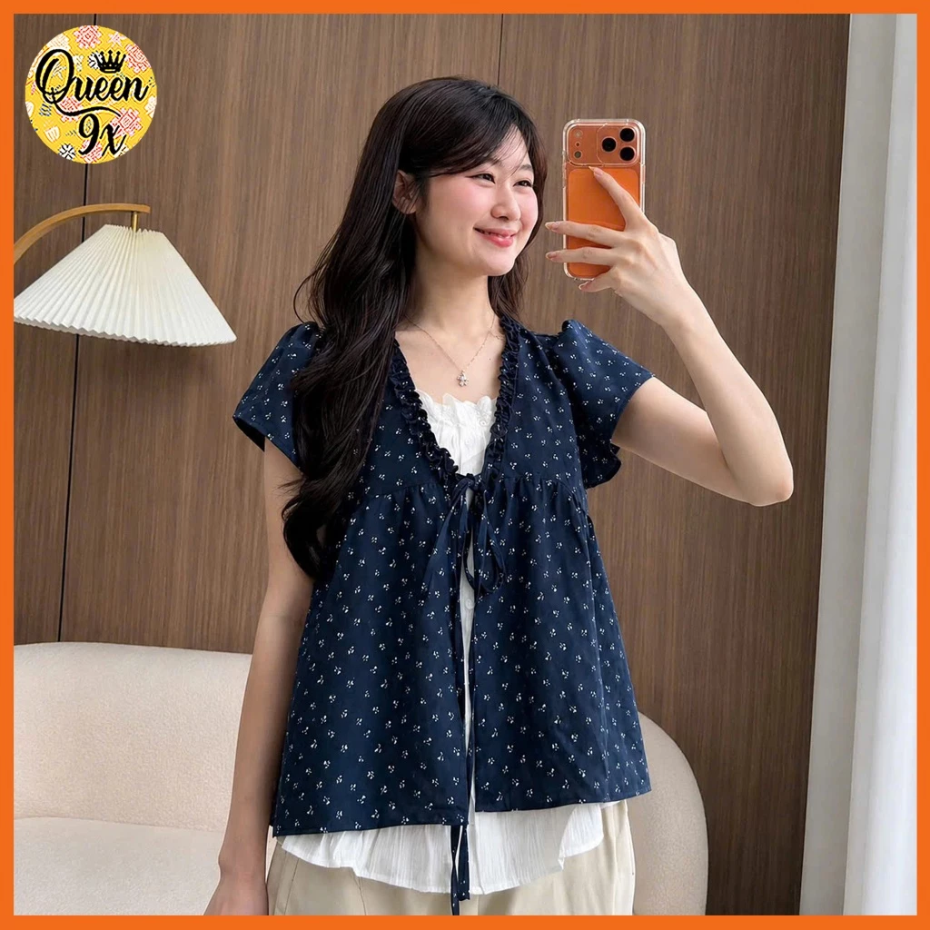Áo babydoll cộc tay phối ren trắng mix hoa nhí siêu xinh dành cho nữ nhiều màu Dễ Thương 40-55kg