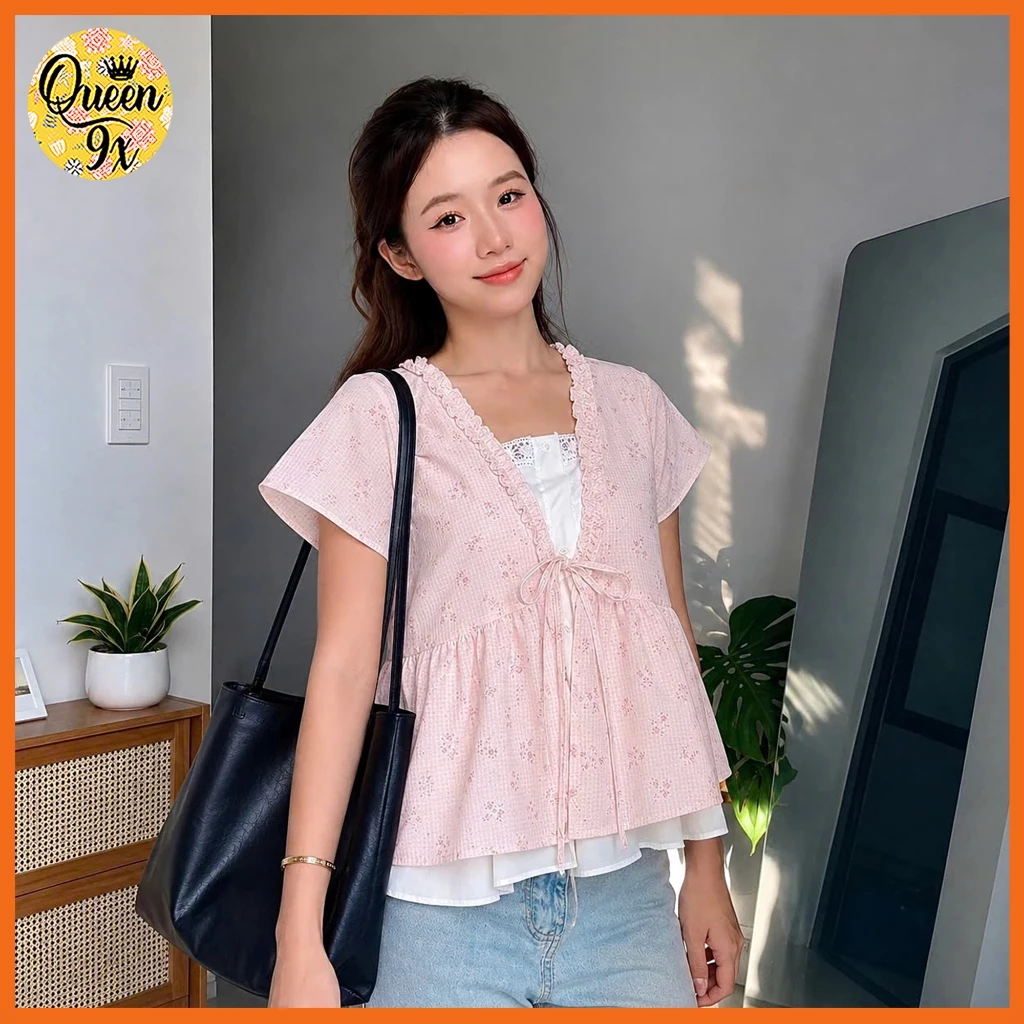 Áo babydoll, áo điệu kiểu ngắn tay cổ V may liền 1 lớp phối dây buộc nơ cho nữ 40-55kg